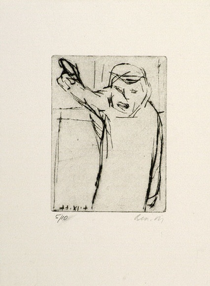 Artist: b'MADDOCK, Bea' | Title: b'Man pointing.' | Date: 1966-67 | Technique: b'drypoint, printed in black ink from one plate'