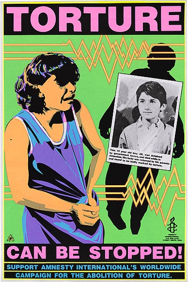 Artist: b'Lane, Leonie.' | Title: b'Torture can be stopped.' | Date: 1984, June-July | Technique: b'screenprint, printed in colour, from five stencils' | Copyright: b'\xc2\xa9 Leonie Lane' Artist: b'Lane, Leonie.' | Title: b'Torture can be stopped.' | Date: 1984, June-July | Technique: b'screenprint, printed in colour, from five stencils' | Copyright: b'\xc2\xa9 Leonie Lane'