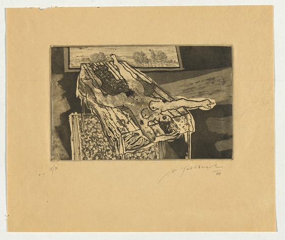 Artist: b'SELLBACH, Udo' | Title: b'(Nude on table)' | Date: 1966 | Technique: b'etching and aquatint printed in black ink, from one plate' Artist: b'SELLBACH, Udo' | Title: b'(Nude on table)' | Date: 1966 | Technique: b'etching and aquatint printed in black ink, from one plate'