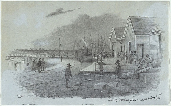Artist: b'GILL, S.T.' | Title: b'The city terminus of the M. & H.B railway company.' | Date: 1855-56 | Technique: b'lithograph, printed in black ink, from one stone' Artist: b'GILL, S.T.' | Title: b'The city terminus of the M. & H.B railway company.' | Date: 1855-56 | Technique: b'lithograph, printed in black ink, from one stone'