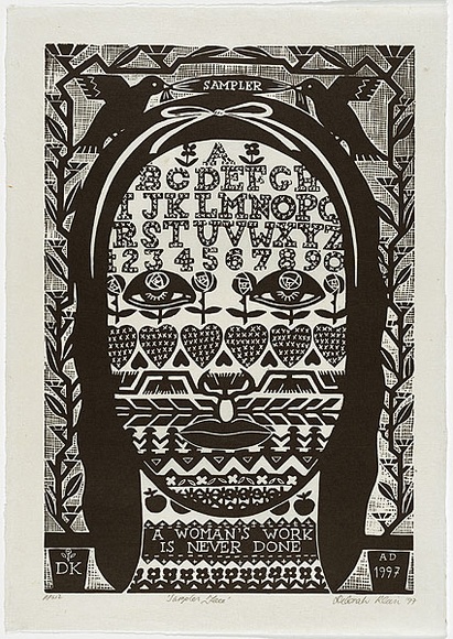 Artist: b'Klein, Deborah.' | Title: b'Sampler face' | Date: 1997 | Technique: b'linocut, printed in black ink, from one block' Artist: b'Klein, Deborah.' | Title: b'Sampler face' | Date: 1997 | Technique: b'linocut, printed in black ink, from one block'