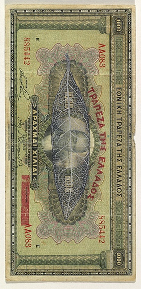 Artist: b'HALL, Fiona' | Title: b'Laurus nobilis - Laurel (Greek currency)' | Date: 2000 - 2002 | Technique: b'gouache' | Copyright: b'\xc2\xa9 Fiona Hall' Artist: b'HALL, Fiona' | Title: b'Laurus nobilis - Laurel (Greek currency)' | Date: 2000 - 2002 | Technique: b'gouache' | Copyright: b'\xc2\xa9 Fiona Hall'