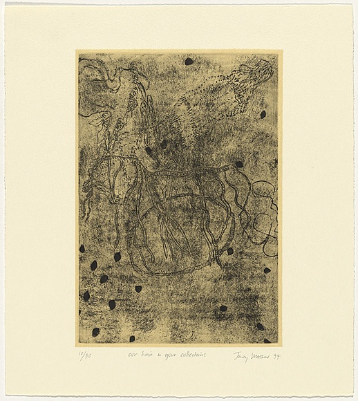 Artist: b'Watson, Judy.' | Title: b'our hair in your collections.' | Date: 1997 | Technique: b'lithograph, printed in black ink, from one stone' | Copyright: b'\xc2\xa9 Judy Watson. Licensed by VISCOPY, Australia' Artist: b'Watson, Judy.' | Title: b'our hair in your collections.' | Date: 1997 | Technique: b'lithograph, printed in black ink, from one stone' | Copyright: b'\xc2\xa9 Judy Watson. Licensed by VISCOPY, Australia'