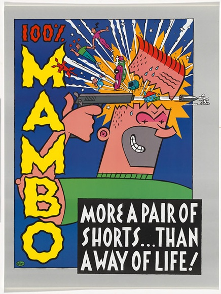 Artist: b'Mambo.' | Title: b'More a pair of shorts than a way of life' | Date: c.1985 | Technique: b'offset-lithograph, printed in colour, from multiple plates' Artist: b'Mambo.' | Title: b'More a pair of shorts than a way of life' | Date: c.1985 | Technique: b'offset-lithograph, printed in colour, from multiple plates'