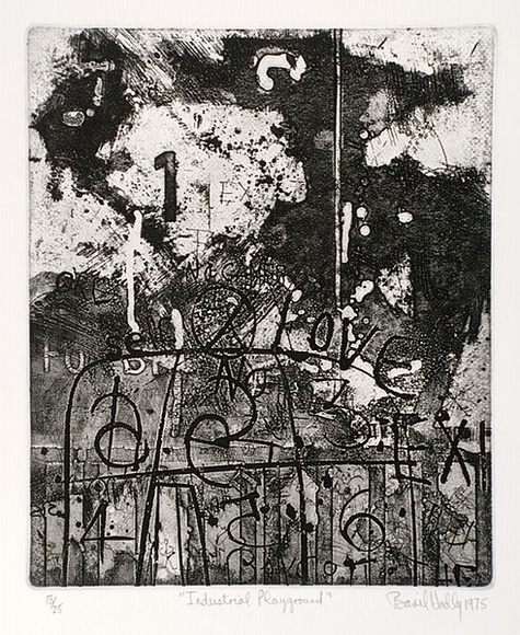 Artist: b'Hadley, Basil.' | Title: b'Industrial playground' | Date: 1975 | Technique: b'etching, aquatint and deep etch, printed in black ink, from one plate' Artist: b'Hadley, Basil.' | Title: b'Industrial playground' | Date: 1975 | Technique: b'etching, aquatint and deep etch, printed in black ink, from one plate'