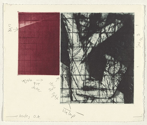 Artist: b'Pratt, John.' | Title: b'Incline' | Date: 30 March 1998 | Technique: b'etching and aquatint, printed in black and red ink, from two zinc plates' Artist: b'Pratt, John.' | Title: b'Incline' | Date: 30 March 1998 | Technique: b'etching and aquatint, printed in black and red ink, from two zinc plates'