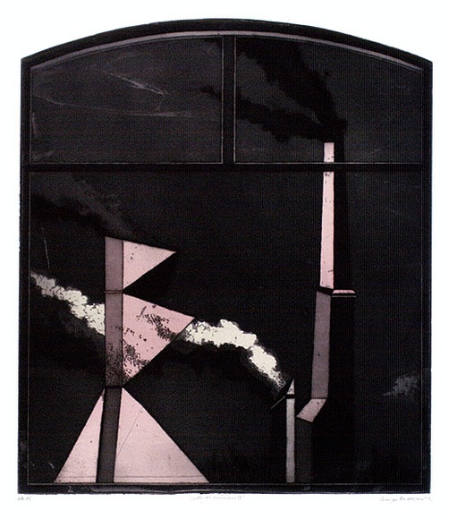 Artist: b'BALDESSIN, George' | Title: b'City monuments.' | Date: 1970 | Technique: b'etching and aquatint, printed in black ink, from one shaped plate; stencil, printed in pink ink, from one stencil' Artist: b'BALDESSIN, George' | Title: b'City monuments.' | Date: 1970 | Technique: b'etching and aquatint, printed in black ink, from one shaped plate; stencil, printed in pink ink, from one stencil'