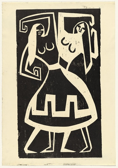 Artist: b'HANRAHAN, Barbara' | Title: b'Two dancers' | Date: 1960 | Technique: b'woodcut, printed in black ink, from one block' Artist: b'HANRAHAN, Barbara' | Title: b'Two dancers' | Date: 1960 | Technique: b'woodcut, printed in black ink, from one block'