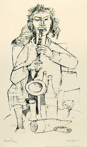 Artist: b'Grieve, Robert.' | Title: b'(The clarinet player)' | Date: 1958 | Technique: b'lithograph, printed in blue/black ink, from one stone' Artist: b'Grieve, Robert.' | Title: b'(The clarinet player)' | Date: 1958 | Technique: b'lithograph, printed in blue/black ink, from one stone'