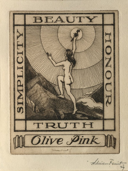 Artist: b'FEINT, Adrian' | Title: b'Bookplate: Olive Pink.' | Date: 1929 | Technique: b'etching, printed in brown ink with plate-tone, from one plate' | Copyright: b'Courtesy the Estate of Adrian Feint' Artist: b'FEINT, Adrian' | Title: b'Bookplate: Olive Pink.' | Date: 1929 | Technique: b'etching, printed in brown ink with plate-tone, from one plate' | Copyright: b'Courtesy the Estate of Adrian Feint'