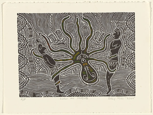 Artist: b'Missy, Billy.' | Title: b'Sugu Ah Mabud' | Date: 2000 | Technique: b'linocut, printed in black ink, from one block; hand-coloured' Artist: b'Missy, Billy.' | Title: b'Sugu Ah Mabud' | Date: 2000 | Technique: b'linocut, printed in black ink, from one block; hand-coloured'