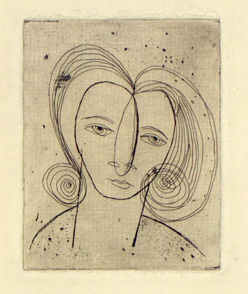Artist: b'David, Allen.' | Title: b'(Head of woman).' | Date: (1953) | Technique: b'etching, printed in brown ink with plate-tone, from one plate' Artist: b'David, Allen.' | Title: b'(Head of woman).' | Date: (1953) | Technique: b'etching, printed in brown ink with plate-tone, from one plate'