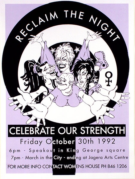 Artist: b'Inkahoots Ltd.' | Title: b'Reclaim the Night' | Date: 1990 | Technique: b'screenprint, printed in purple and black ink, from two stencils'
