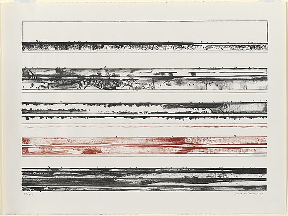 Artist: b'WILLIAMS, Fred' | Title: b'Murray River panels' | Date: 1975 | Technique: b'lithograph, printed in colour, from two zinc plates in ox blood and black ink' | Copyright: b'\xc2\xa9 Fred Williams Estate' Artist: b'WILLIAMS, Fred' | Title: b'Murray River panels' | Date: 1975 | Technique: b'lithograph, printed in colour, from two zinc plates in ox blood and black ink' | Copyright: b'\xc2\xa9 Fred Williams Estate'