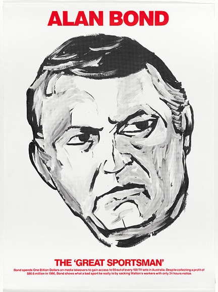 Artist: b'Clutterbuck, Bob.' | Title: bAlan Bond: the 'Great Sportsman'. | Date: 1987 | Technique: b'screenprint, printed in colour, from two stencils' Artist: b'Clutterbuck, Bob.' | Title: bAlan Bond: the 'Great Sportsman'. | Date: 1987 | Technique: b'screenprint, printed in colour, from two stencils'