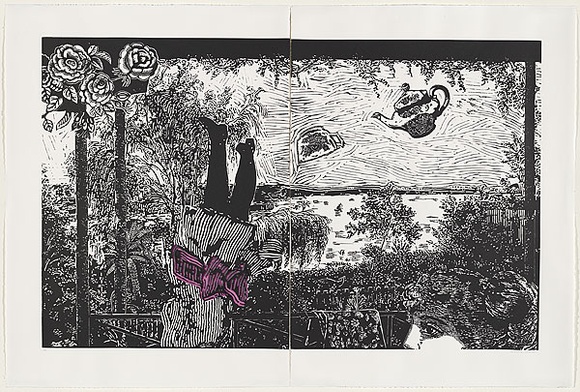 Artist: b'Manifold, Marion.' | Title: b'Rosy dreams: from the verandah of Purrumbete' | Date: 2007 | Technique: b'linocut, printed in black ink, from one block; fabric collage addition' Artist: b'Manifold, Marion.' | Title: b'Rosy dreams: from the verandah of Purrumbete' | Date: 2007 | Technique: b'linocut, printed in black ink, from one block; fabric collage addition'