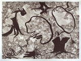 Artist: Ely, Bonita. | Title: not titled [brown cross-hatching overlayed with black line structures] | Date: 1984 | Technique: lithograph, printed in colour, from two plates