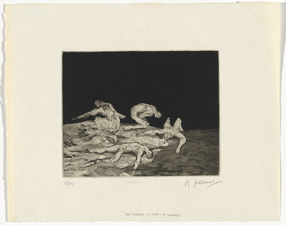 Artist: b'SELLBACH, Udo' | Title: b'The target is man (to ignore)' | Date: 1965-66 | Technique: b'etching and aquatint, printed in black ink, from one plate' Artist: b'SELLBACH, Udo' | Title: b'The target is man (to ignore)' | Date: 1965-66 | Technique: b'etching and aquatint, printed in black ink, from one plate'