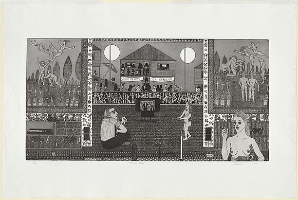 Artist: b'Nedelkopoulos, Nicholas.' | Title: b'The last frontier.' | Date: 1987 | Technique: b'etching and aquatint, printed in black ink with plate-tone, from one plate' Artist: b'Nedelkopoulos, Nicholas.' | Title: b'The last frontier.' | Date: 1987 | Technique: b'etching and aquatint, printed in black ink with plate-tone, from one plate'