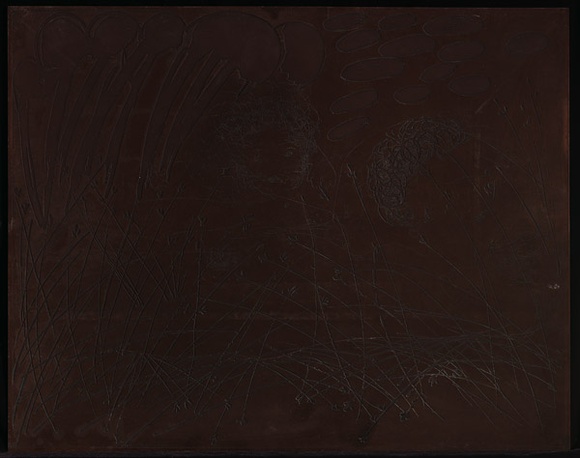 Artist: b'BOYD, Arthur' | Title: b'Plate 119: Figures in cornfield and lion in trees.' | Date: (1968-69) | Technique: b'etched plate' | Copyright: b'This work appears on screen courtesy of Bundanon Trust' Artist: b'BOYD, Arthur' | Title: b'Plate 119: Figures in cornfield and lion in trees.' | Date: (1968-69) | Technique: b'etched plate' | Copyright: b'This work appears on screen courtesy of Bundanon Trust'