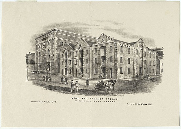 Artist: b'UNKNOWN' | Title: b'Wool and produce stores, Circular Quay, Sydney' | Date: 1870s | Technique: b'chalk-lithograph, printed in black ink, from one stone' Artist: b'UNKNOWN' | Title: b'Wool and produce stores, Circular Quay, Sydney' | Date: 1870s | Technique: b'chalk-lithograph, printed in black ink, from one stone'