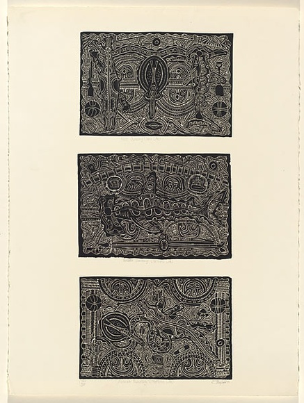 Artist: b'LAIFOO, Joey' | Title: bKuzi Dunalaig (Son's life), Babba Dunalaig (Father's life), Ammah Dunalaig (Mother's life) | Date: 2001 | Technique: b'linocuts, printed in black ink, from three blocks' | Copyright: b'For 163015 only: Joey Laifoo - Turtle design 2006' Artist: b'LAIFOO, Joey' | Title: bKuzi Dunalaig (Son's life), Babba Dunalaig (Father's life), Ammah Dunalaig (Mother's life) | Date: 2001 | Technique: b'linocuts, printed in black ink, from three blocks' | Copyright: b'For 163015 only: Joey Laifoo - Turtle design 2006'