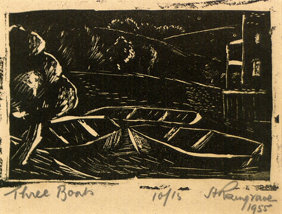Artist: b'ROSENGRAVE, Harry' | Title: b'Three boats' | Date: 1955 | Technique: b'linocut, printed in black ink, from one block' Artist: b'ROSENGRAVE, Harry' | Title: b'Three boats' | Date: 1955 | Technique: b'linocut, printed in black ink, from one block'