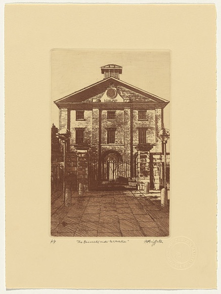 Artist: b'GRIFFITH, Pamela' | Title: b'The Barracks under restoration' | Date: 1981 | Technique: b'hard ground, aquatint, photo-transfer from Kodalith on one zinc' | Copyright: b'\xc2\xa9 Pamela Griffith' Artist: b'GRIFFITH, Pamela' | Title: b'The Barracks under restoration' | Date: 1981 | Technique: b'hard ground, aquatint, photo-transfer from Kodalith on one zinc' | Copyright: b'\xc2\xa9 Pamela Griffith'