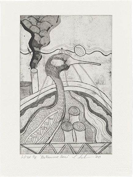 Artist: b'Adams, Cathy.' | Title: b'Melbourne now' | Date: 2000, June | Technique: b'etching, printed in black ink, from one plate'