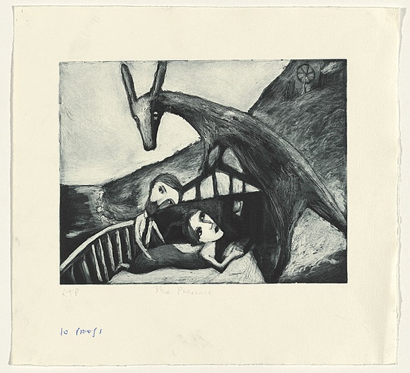 Artist: b'Shead, Garry.' | Title: b'The presence' | Date: 1994 | Technique: b'etching and aquatint, printed in blue-black ink, from one plate' | Copyright: b'\xc2\xa9 Garry Shead' Artist: b'Shead, Garry.' | Title: b'The presence' | Date: 1994 | Technique: b'etching and aquatint, printed in blue-black ink, from one plate' | Copyright: b'\xc2\xa9 Garry Shead'