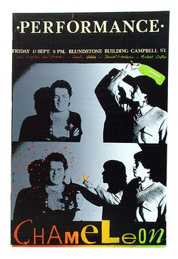 Artist: Arnold, Raymond | Title: Performance, Chameleon Gallery, Hobart - Greg Kingston, Leigh Hobba, David O'Halloran, Michael Eather. | Date: 1985 | Technique: screenprint, printed in colour, from three stencils