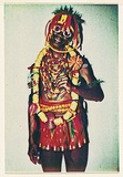 Artist: McDiarmid, David. | Title: not titled [Afro-American with lion skirt]: postcard from the series Urban Tribalwear. | Date: (1980) | Technique: photocopy, printed in colour | Copyright: Courtesy of copyright owner, Merlene Gibson (sister)