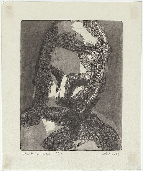 Artist: b'MADDOCK, Bea' | Title: b'Head study II' | Date: May 1961 | Technique: b'etching and sugar-aquatint, printed in black ink, from one copper plate' Artist: b'MADDOCK, Bea' | Title: b'Head study II' | Date: May 1961 | Technique: b'etching and sugar-aquatint, printed in black ink, from one copper plate'