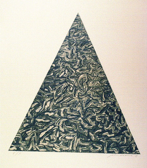 Artist: b'LOANE, John' | Title: b'Not titled (Abstract forms in the form of triangle)' | Date: 1976 | Technique: b'etching and aquatint, printed in colour ink, from two plates' | Copyright: b'This work appears on the screen courtesy of the artist' Artist: b'LOANE, John' | Title: b'Not titled (Abstract forms in the form of triangle)' | Date: 1976 | Technique: b'etching and aquatint, printed in colour ink, from two plates' | Copyright: b'This work appears on the screen courtesy of the artist'