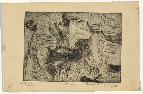 Artist: b'Cilento, Margaret.' | Title: b'Ischia.' | Date: 1950 | Technique: b'etching, printed in black ink with plate-tone, from one plates,' Artist: b'Cilento, Margaret.' | Title: b'Ischia.' | Date: 1950 | Technique: b'etching, printed in black ink with plate-tone, from one plates,'