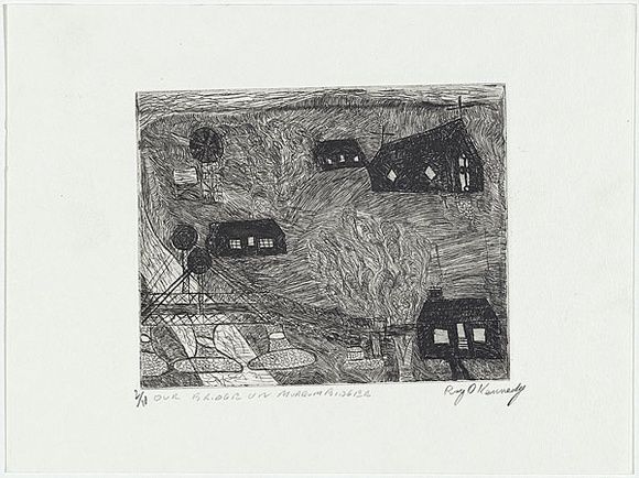 Artist: b'Kennedy, Roy.' | Title: b'Our bridge on the Murrumbidgee' | Date: c.1999 | Technique: b'etching, printed in black ink, from one plate' Artist: b'Kennedy, Roy.' | Title: b'Our bridge on the Murrumbidgee' | Date: c.1999 | Technique: b'etching, printed in black ink, from one plate'
