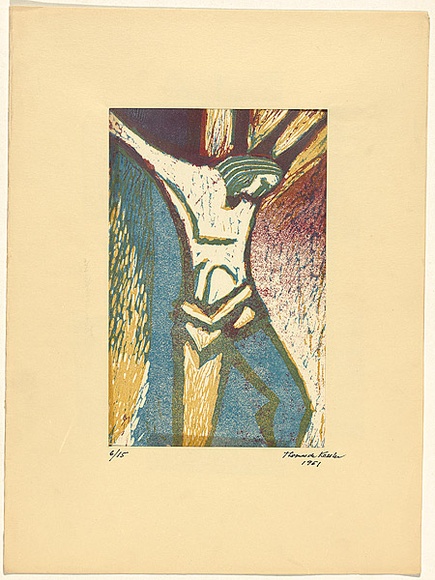 Artist: de Kesler, Thomas. | Title: not titled [Christ on the cross] | Date: about 1955 | Technique: linocut, printed in colour inks, from multiple blocks