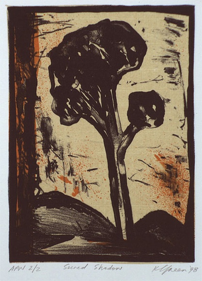 Artist: b'Green, Kaye.' | Title: b'Sacred shadow' | Date: 1998 | Technique: b'lithograph, printed in colour, from two stones' Artist: b'Green, Kaye.' | Title: b'Sacred shadow' | Date: 1998 | Technique: b'lithograph, printed in colour, from two stones'