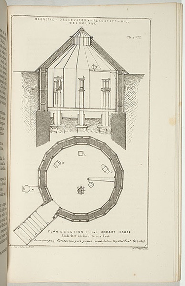 Title: b'Magnetic observatory Flagstaff Hill, Melbourne, plan and section of the horary house.' | Date: 1858-1859 | Technique: b'lithograph, printed in black ink, from one stone' Title: b'Magnetic observatory Flagstaff Hill, Melbourne, plan and section of the horary house.' | Date: 1858-1859 | Technique: b'lithograph, printed in black ink, from one stone'