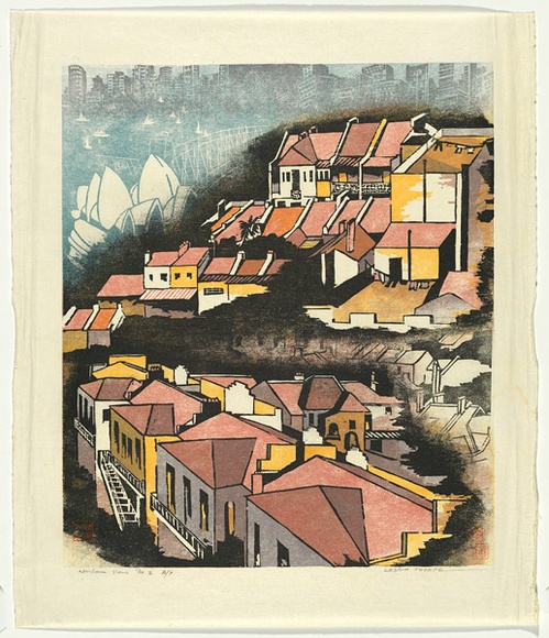 Artist: b'Thorpe, Lesbia.' | Title: b'Harbour view No.2' | Date: 1982 | Technique: b'woodcut, printed in colour, from four blocks' Artist: b'Thorpe, Lesbia.' | Title: b'Harbour view No.2' | Date: 1982 | Technique: b'woodcut, printed in colour, from four blocks'
