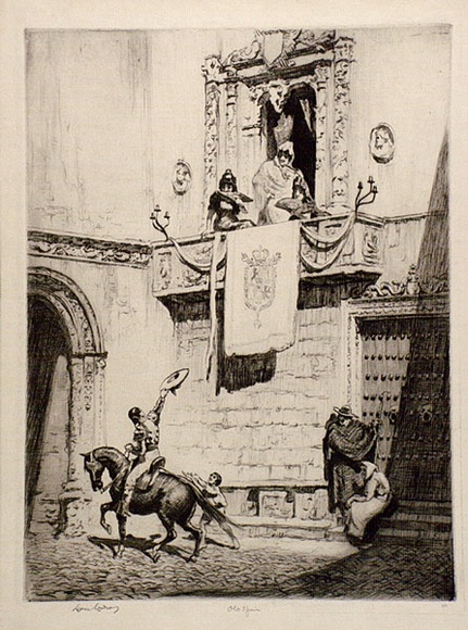 Artist: b'LINDSAY, Lionel' | Title: b'Old Spain' | Date: c.1950 | Technique: b'drypoint, printed in brownk ink with plate-tone, from one plate' | Copyright: b'Courtesy of the National Library of Australia' Artist: b'LINDSAY, Lionel' | Title: b'Old Spain' | Date: c.1950 | Technique: b'drypoint, printed in brownk ink with plate-tone, from one plate' | Copyright: b'Courtesy of the National Library of Australia'