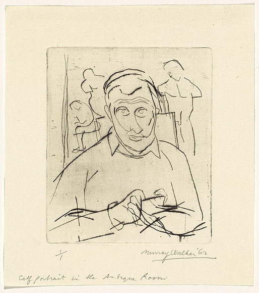 Artist: b'WALKER, Murray' | Title: b'Self portrait in the antique room' | Date: 1962 | Technique: b'drypoint, printed in black ink, from one plate' Artist: b'WALKER, Murray' | Title: b'Self portrait in the antique room' | Date: 1962 | Technique: b'drypoint, printed in black ink, from one plate'