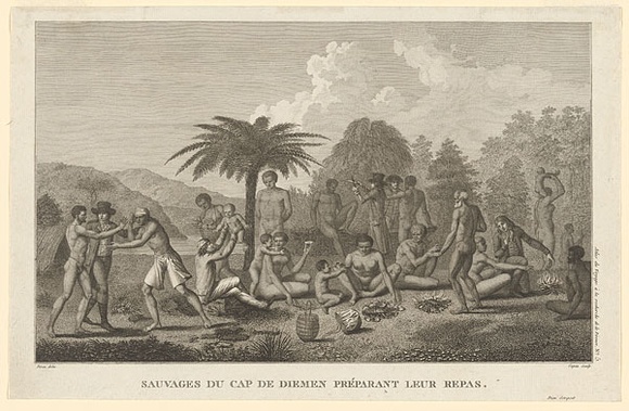 Artist: b'Copia, Jacques-Louis.' | Title: b'Sauvages du Cap de Diemen pr\xc3\xa9parant leur repas.' | Date: 1817 | Technique: b'engraving, printed in black ink, from one copper plate' Artist: b'Copia, Jacques-Louis.' | Title: b'Sauvages du Cap de Diemen pr\xc3\xa9parant leur repas.' | Date: 1817 | Technique: b'engraving, printed in black ink, from one copper plate'