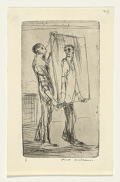 Artist: b'WILLIAMS, Fred' | Title: b'At the picture framers. Number 1' | Date: 1955-56 | Technique: b'etching and drypoint, printed in black with plate-tone ink, from one copper plate' | Copyright: b'\xc2\xa9 Fred Williams Estate' Artist: b'WILLIAMS, Fred' | Title: b'At the picture framers. Number 1' | Date: 1955-56 | Technique: b'etching and drypoint, printed in black with plate-tone ink, from one copper plate' | Copyright: b'\xc2\xa9 Fred Williams Estate'