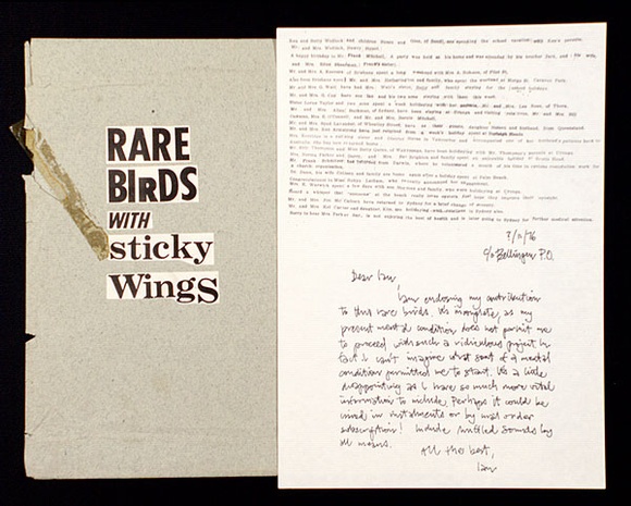 Artist: b'Wallace, Ian.' | Title: b'Bellingen clippings: a broadsheet from the portfolio Rare birds with sticky wings.' | Date: (1976) | Technique: b'offset-lithograph' Artist: b'Wallace, Ian.' | Title: b'Bellingen clippings: a broadsheet from the portfolio Rare birds with sticky wings.' | Date: (1976) | Technique: b'offset-lithograph'