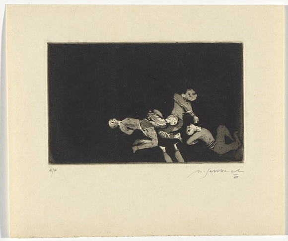 Artist: b'SELLBACH, Udo' | Title: b'(4 figures tumbling around, legs of someone falling out the bottom)' | Technique: b'etching, aquatint' Artist: b'SELLBACH, Udo' | Title: b'(4 figures tumbling around, legs of someone falling out the bottom)' | Technique: b'etching, aquatint'