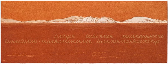 Artist: b'MADDOCK, Bea' | Title: b'Terra Spiritus...with a darker shade of pale' | Date: 1993-98 | Technique: b'stencil print, printed in hand-ground Launceston ochre from multiple hand-cut mylar stencils; letterpress text blind printed; hand-drawn script' Artist: b'MADDOCK, Bea' | Title: b'Terra Spiritus...with a darker shade of pale' | Date: 1993-98 | Technique: b'stencil print, printed in hand-ground Launceston ochre from multiple hand-cut mylar stencils; letterpress text blind printed; hand-drawn script'
