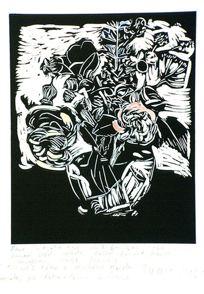 Artist: b'Moore, Mary.' | Title: b'Flowers from a Georgious garden' | Date: 1989 | Technique: b'linocut, printed in black ink, from one block, hand-coloured' | Copyright: b'\xc2\xa9 Mary Moore' Artist: b'Moore, Mary.' | Title: b'Flowers from a Georgious garden' | Date: 1989 | Technique: b'linocut, printed in black ink, from one block, hand-coloured' | Copyright: b'\xc2\xa9 Mary Moore'