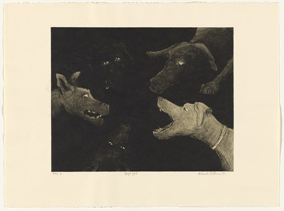 Artist: b'Williams, Deborah.' | Title: b'Dogfight' | Date: 1993 | Technique: b'etching and aquatint, printed in black ink with plate-tone, from one plate' Artist: b'Williams, Deborah.' | Title: b'Dogfight' | Date: 1993 | Technique: b'etching and aquatint, printed in black ink with plate-tone, from one plate'