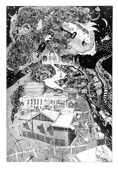 Artist: b'McBurnie, Ron.' | Title: b'White dreaming with a black conscience' | Date: 1989 | Technique: b'etching and aquatint, printed in black ink, from one zinc plate' | Copyright: b'\xc2\xa9 Ron McBurnie' Artist: b'McBurnie, Ron.' | Title: b'White dreaming with a black conscience' | Date: 1989 | Technique: b'etching and aquatint, printed in black ink, from one zinc plate' | Copyright: b'\xc2\xa9 Ron McBurnie'